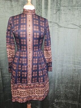 Vintage Domino Fashions Geometric Medallion Mock Neck Dress